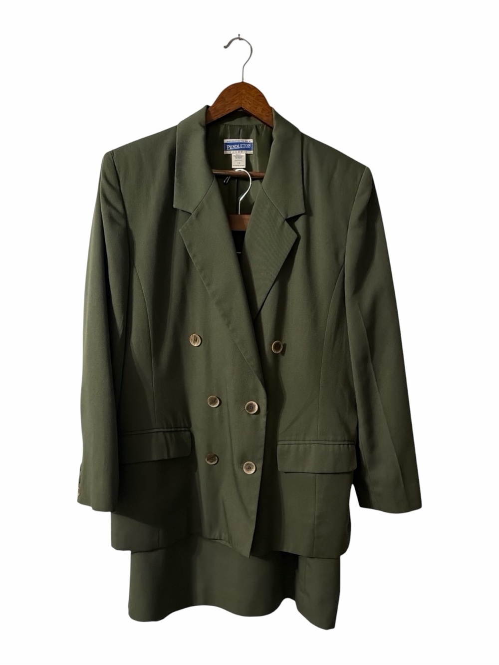 Vintage 80s Dark Academia Pendleton Olive Double Breasted Skirt Suit 18
